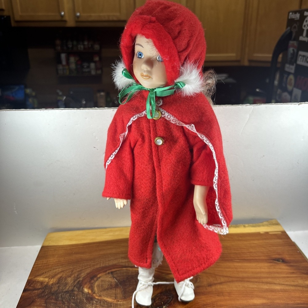 15" Vintage Porcelain Doll‎ Blue Eyes Blonde Curly Hair Red Winter Coat and Hat